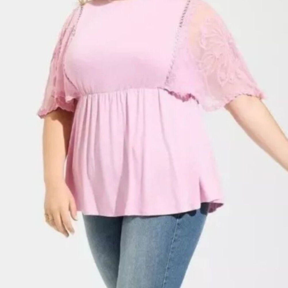 Torrid Babydoll Womens 2 2X Lace Crochet Scallop Sleeves Top Blouse Tunic Pink